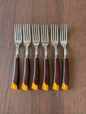Glo-Hill stainless steel forks with faux antler bakelite handles Set of 6